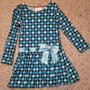 Dollie & Me Turquoise Aqua Teal Polka Dot Girl's Dress w/ Ribbon and Gem Size 5